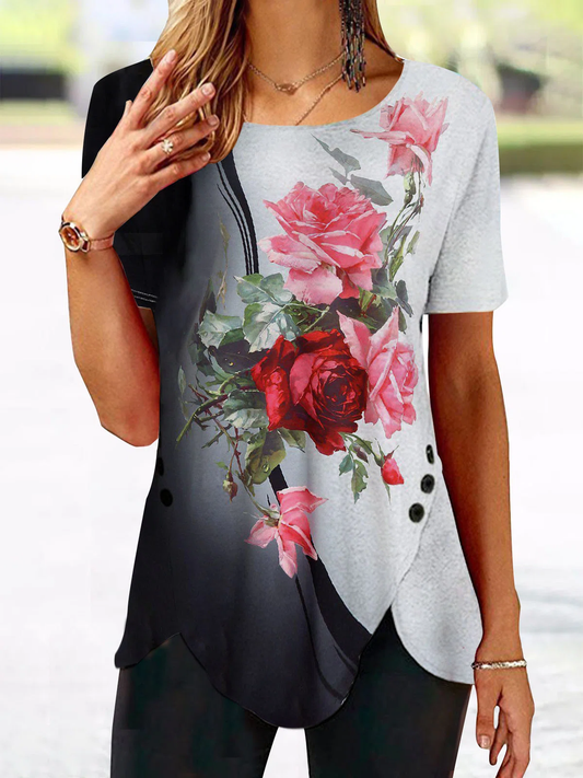 Crew Neck Floral Casual Color Block Irregular Hem Knitted T-shirt Tunic Top