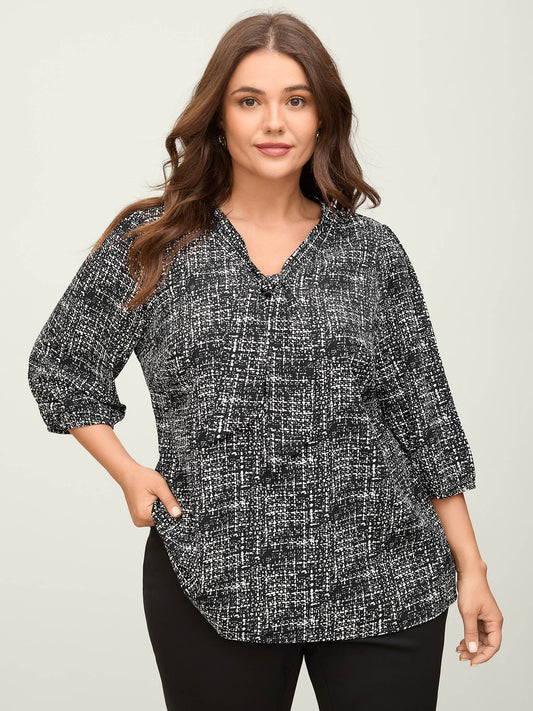 Tweed Print Knot Neck Blouse