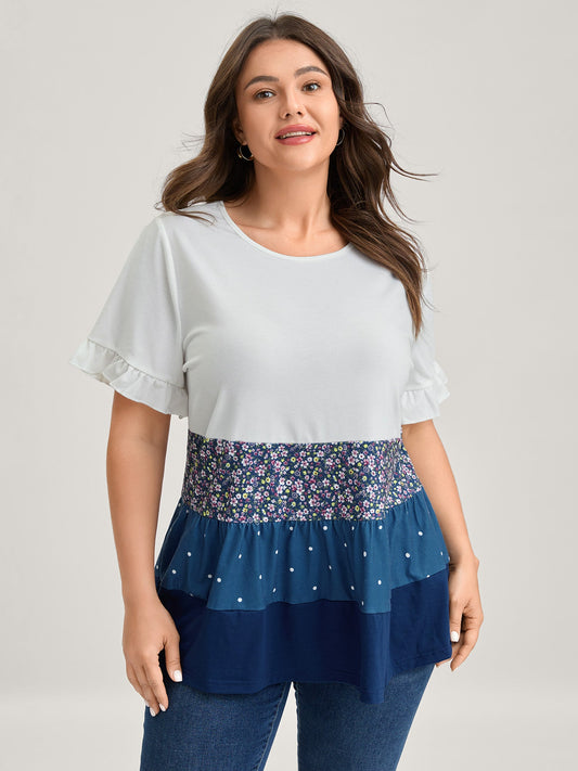 Color Contrast Floral Tiered Knit Top