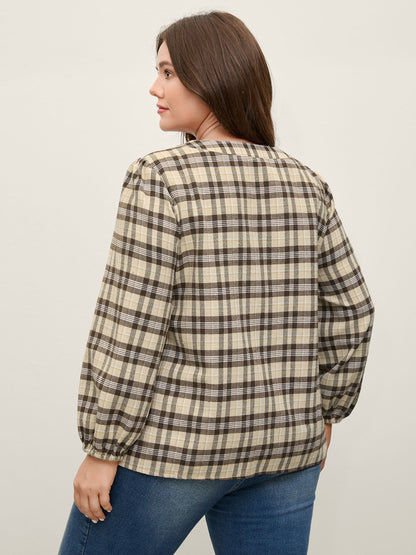 Plaid Print Neck Tie-Up Blouse