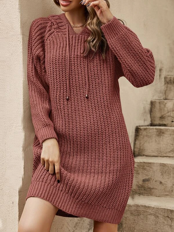 Raglan Sleeve Drawstring Hooded Sweater Dress