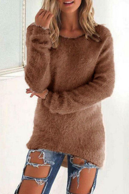 Round Neck  Asymmetric Hem  Sweaters