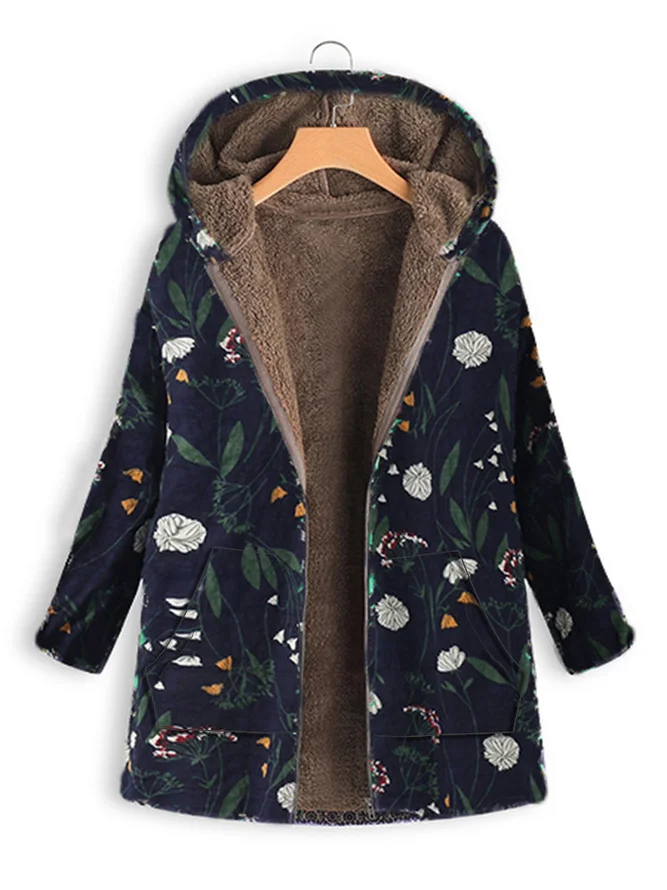 Floral Print Hooded Long Sleeve Pockets Vintage Coats