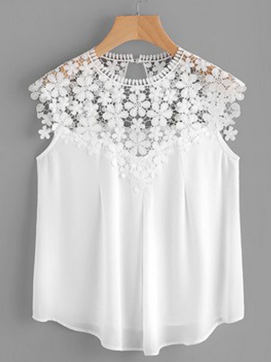 Round Neck  Decorative Lace See-Through Tops