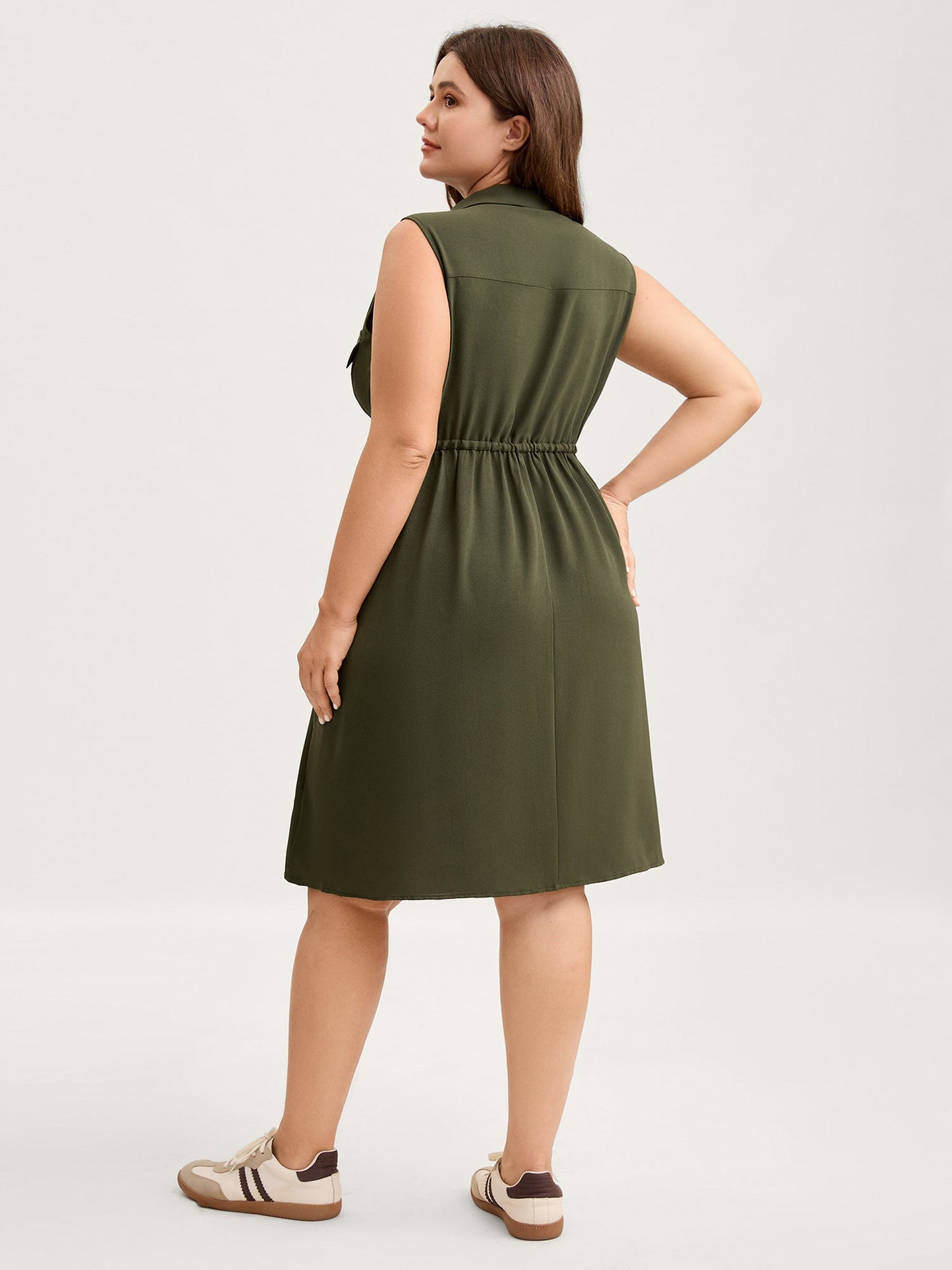 Waist Drawstring Pockets Solid Midi Dress