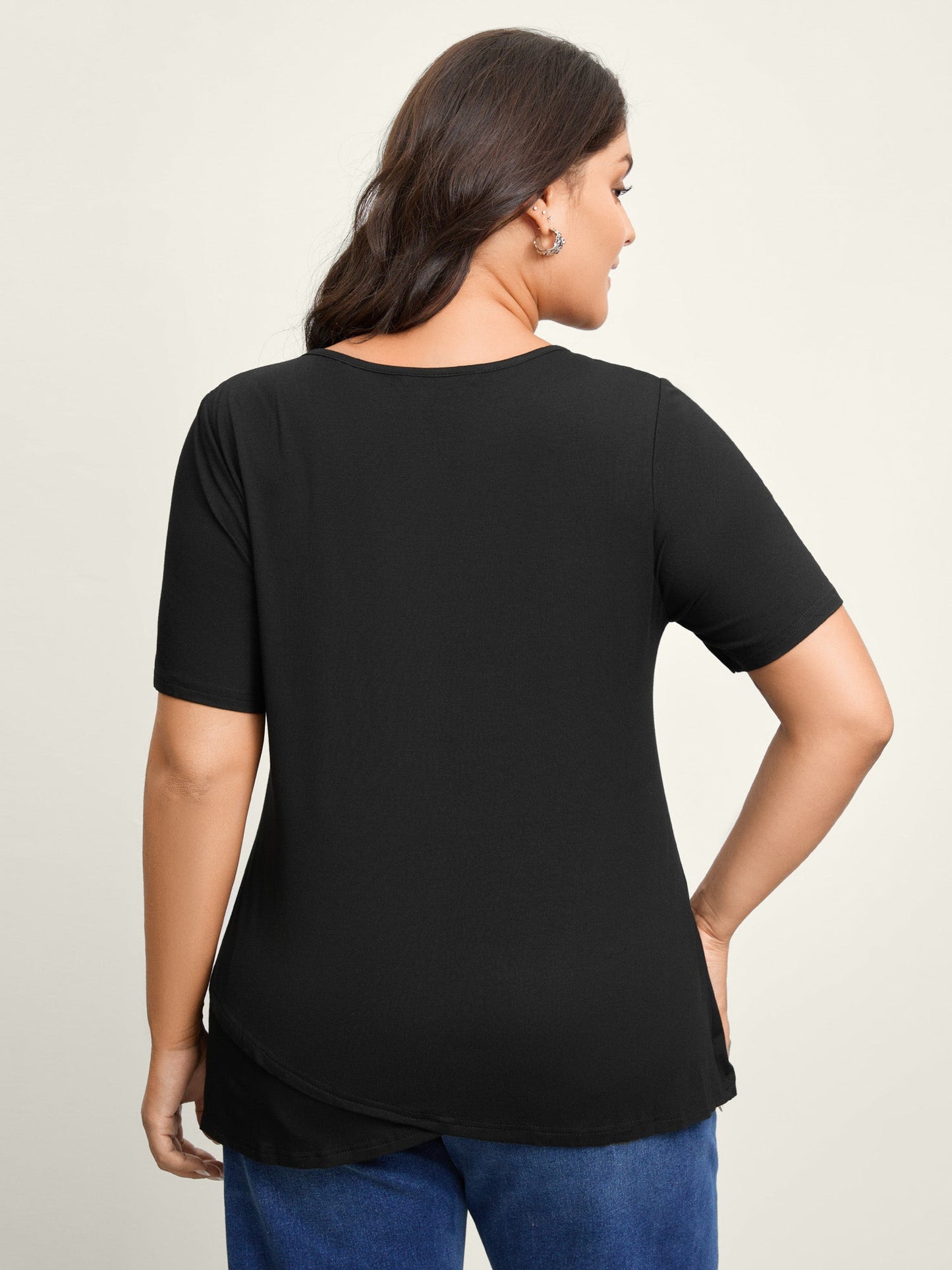 Supersoft Neckline Metal Cuff Pleated Solid Top