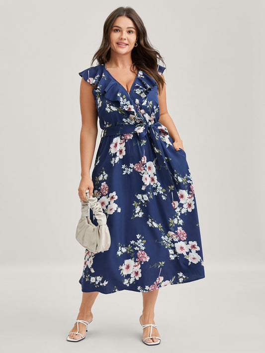 Floral Belted Waist Ruffled Pockets Midi Dress
