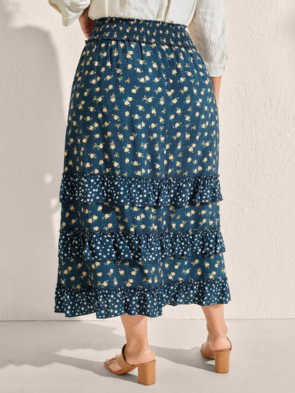 Floral Print Tiered Shirred Waist Midi Skirt