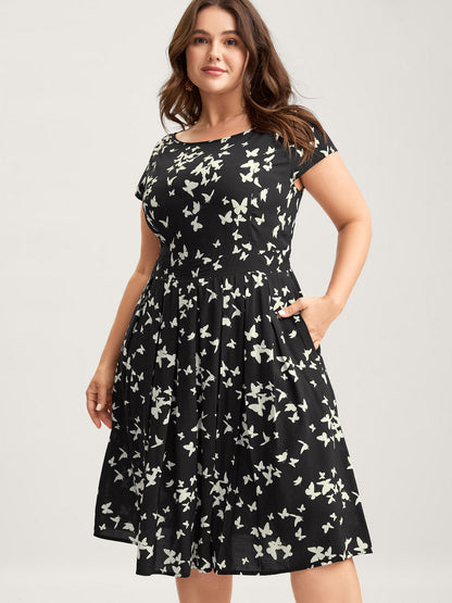 Rayon Monochrome Butterfly Stretchy Midi Dress