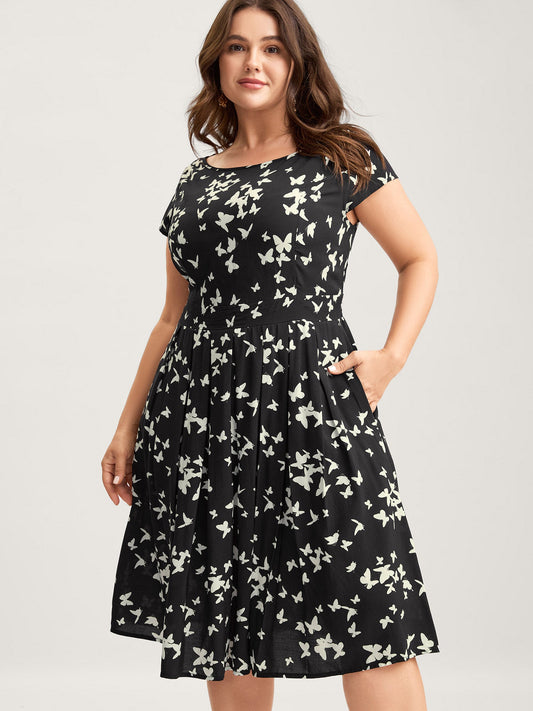 Rayon Monochrome Butterfly Stretchy Midi Dress