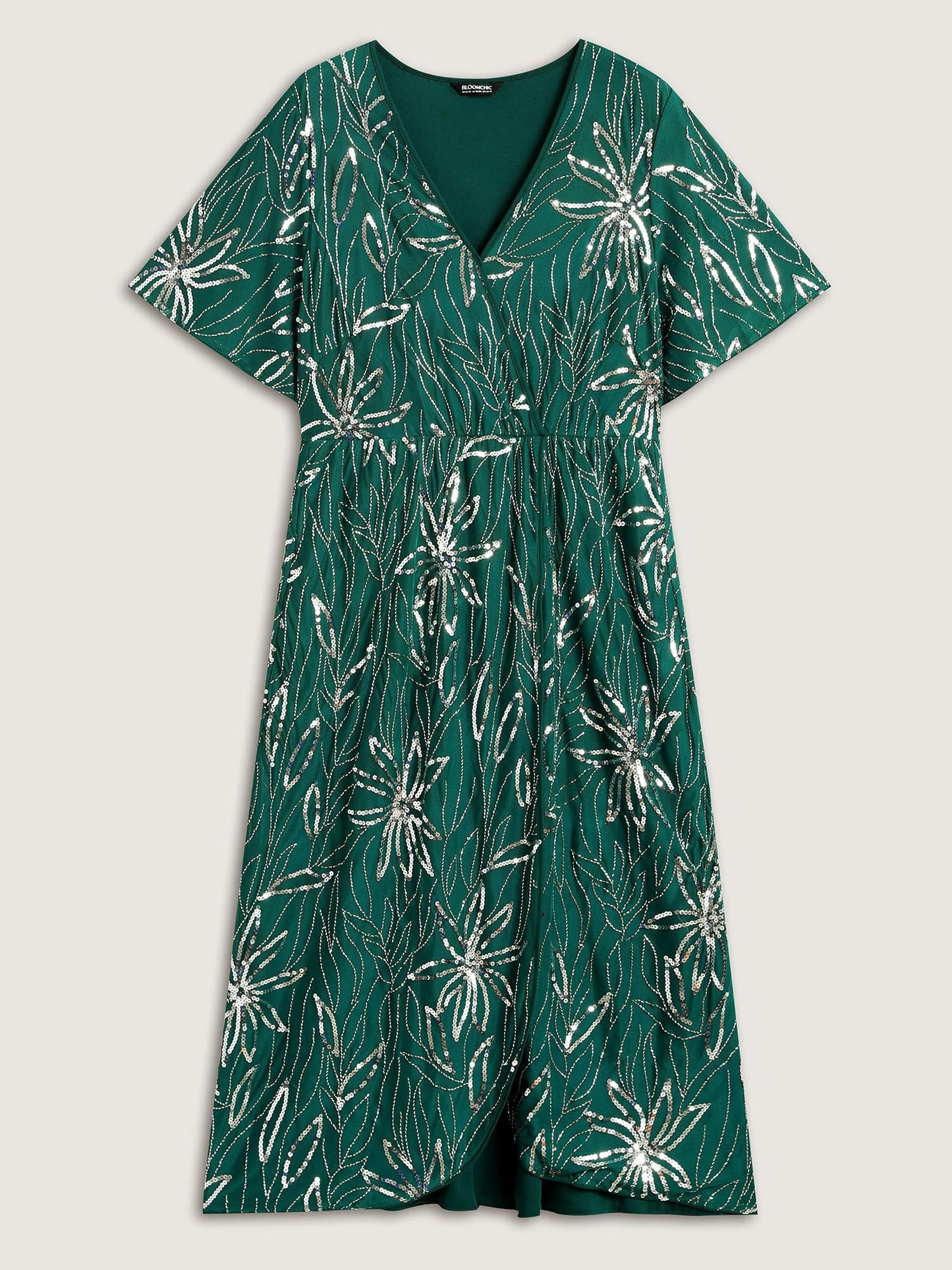 Floral Sequins Surplice Neck Pockets Midi Dress