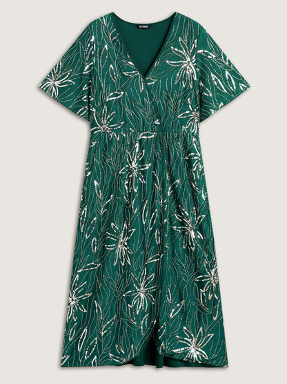 Floral Sequins Surplice Neck Pockets Midi Dress