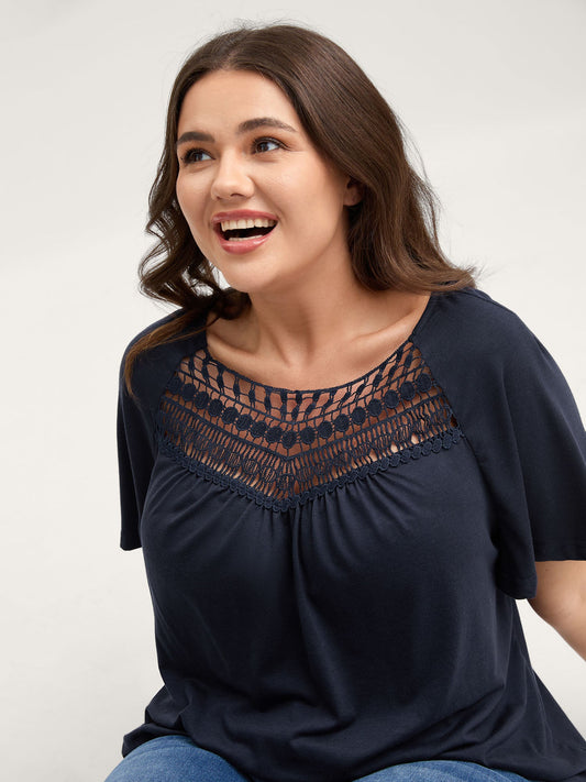 Neckline Sheer Lace Neck T-Shirt