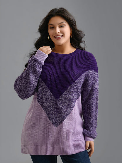 Textured Balloon Sleeves Color Block Pullover