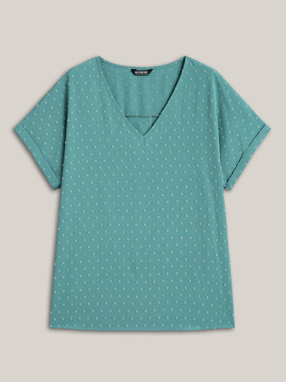 Back-Button Textured V-Neck Shirt