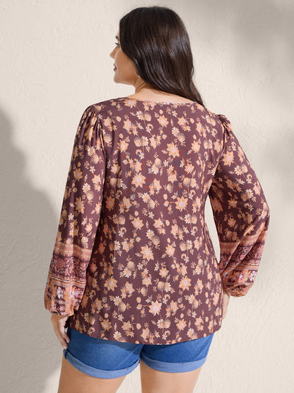 Floral Mixed Print Puffy Sleeve Blouse