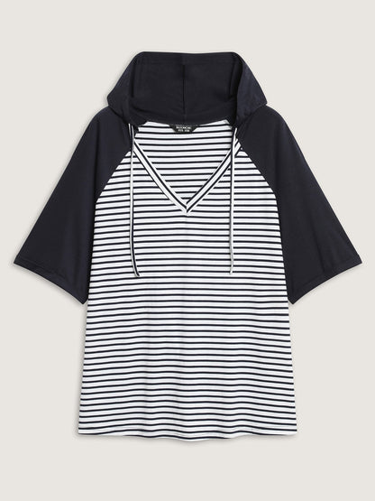 Striped Raglan Hooded Contrast T-Shirt