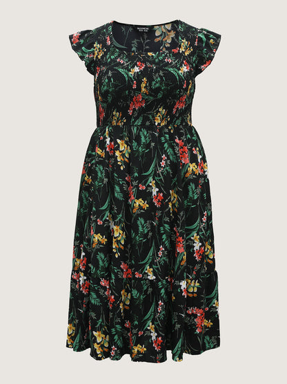 Botanical Print Shirred Bodice Midi Dress