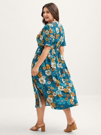 Floral Drawstring Bodice Side Slit Midi Dress