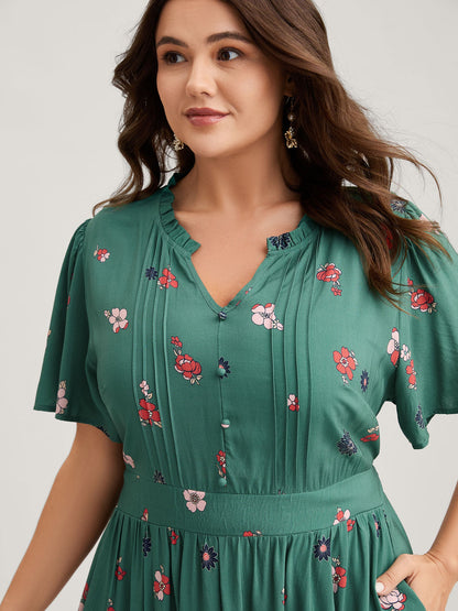 Floral Pleated Notched Collar Midi Dress