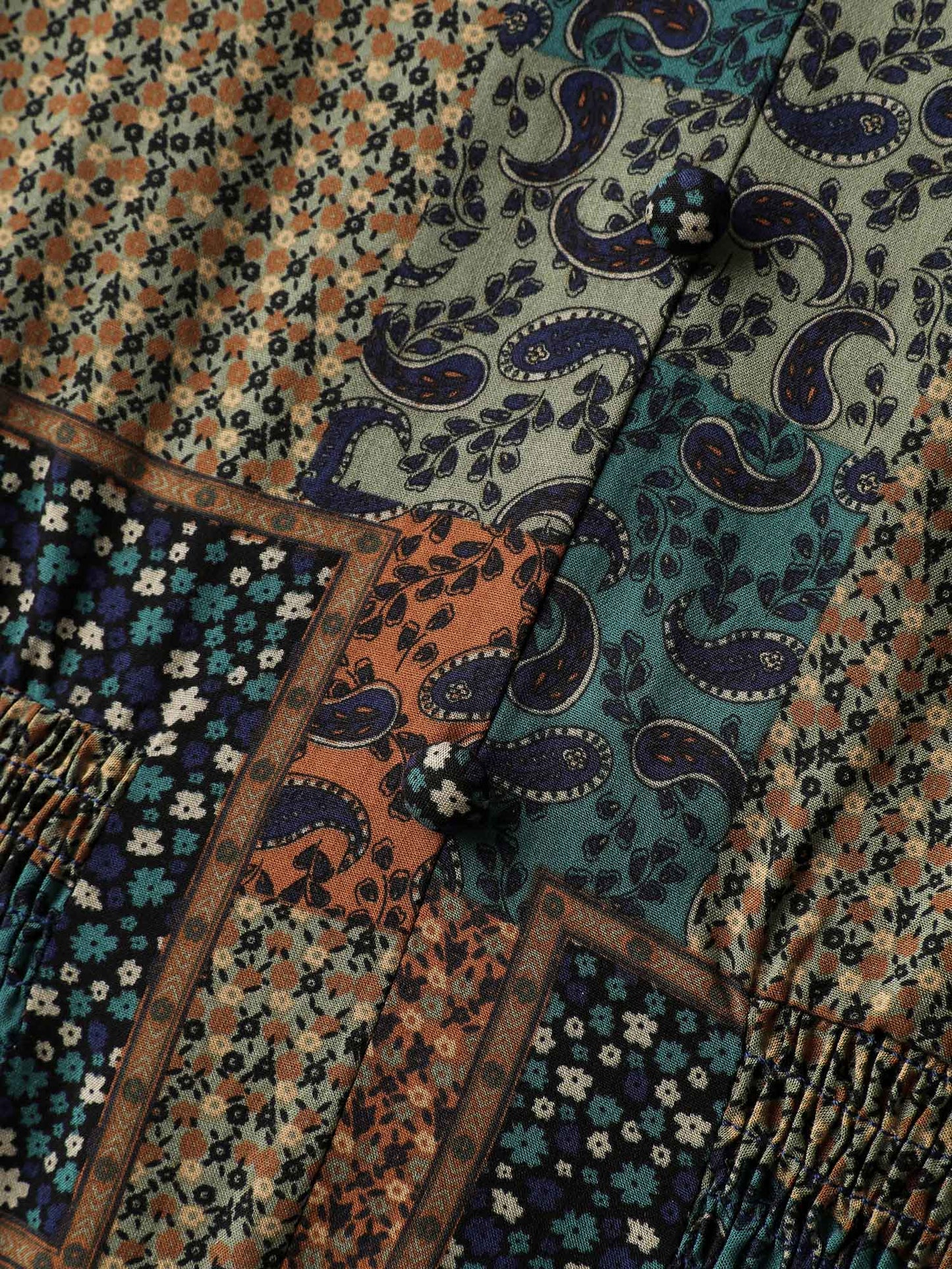 Boho Collage Print Shirred V-Neck Midi Dress