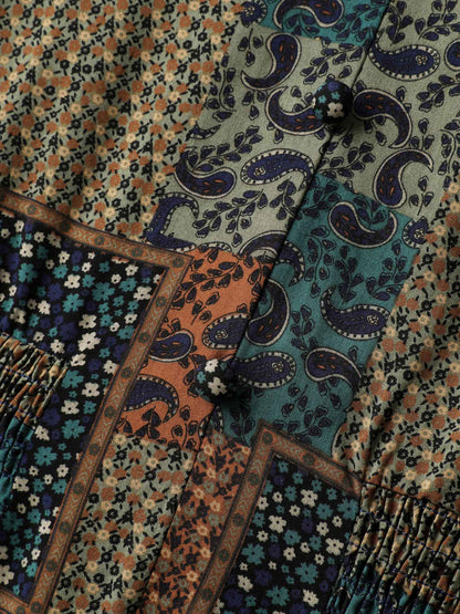 Boho Collage Print Shirred V-Neck Midi Dress