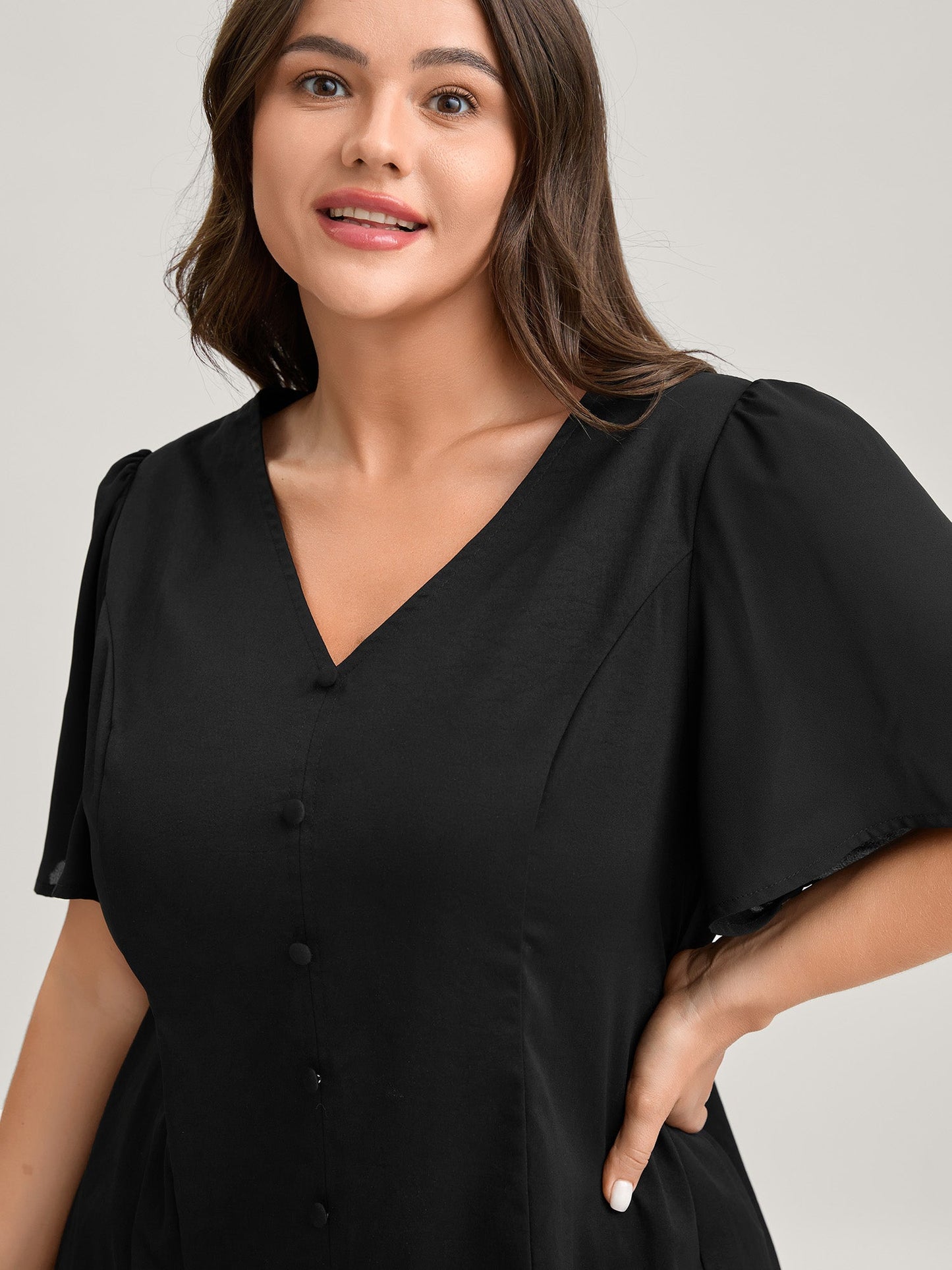 Cinched Flared Waist Button Detail Blouse