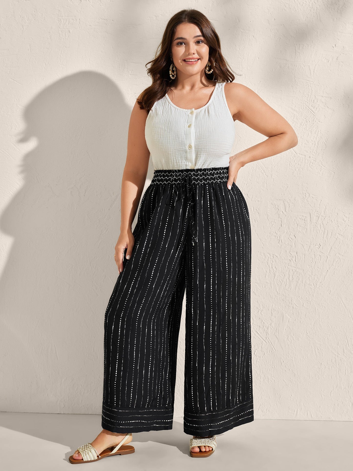 Striped Print Shirred Waist Wide-Leg Pants