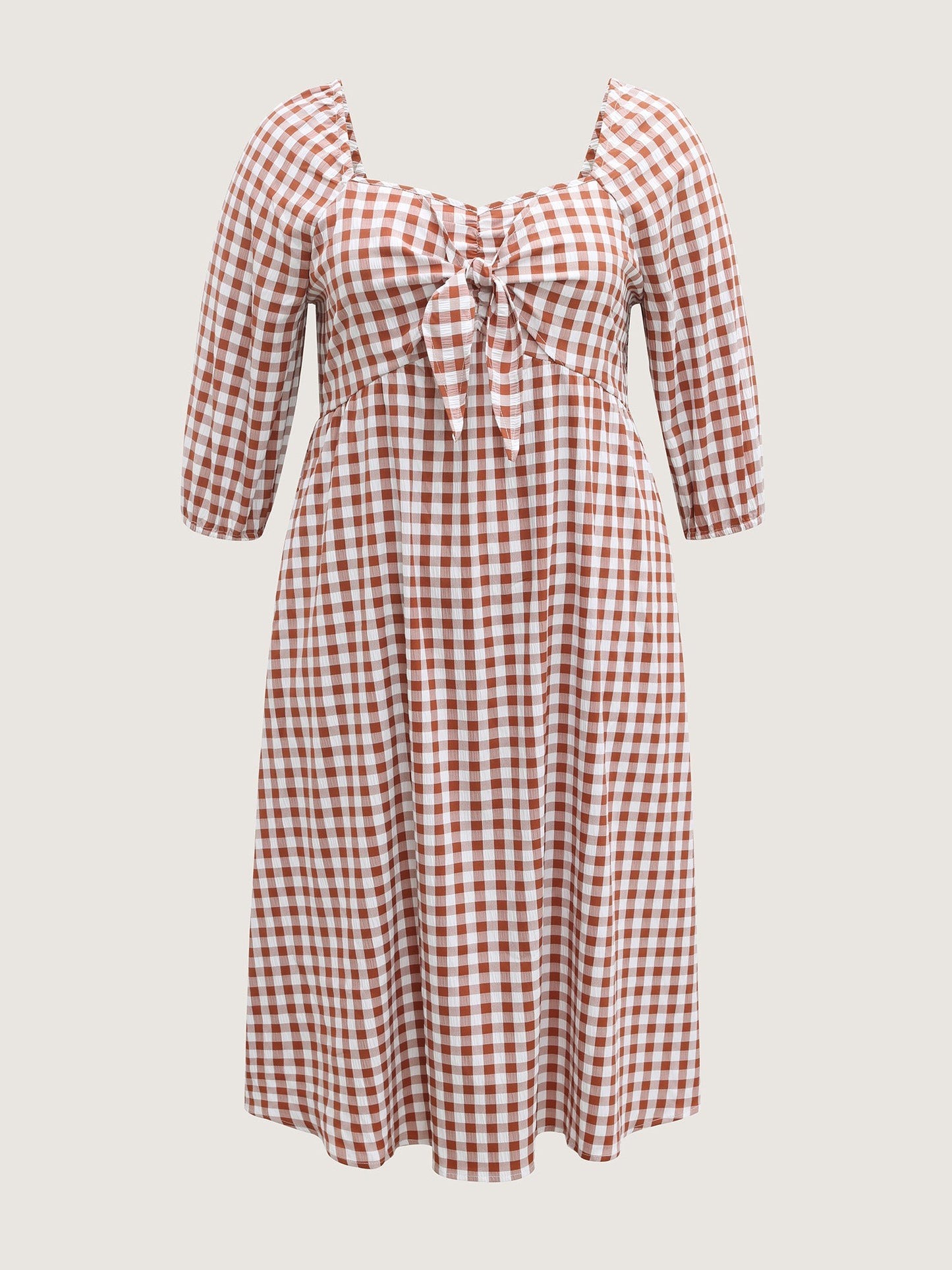 Gingham Print Shirred Bodice Knot Midi Dress