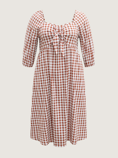 Gingham Print Shirred Bodice Knot Midi Dress