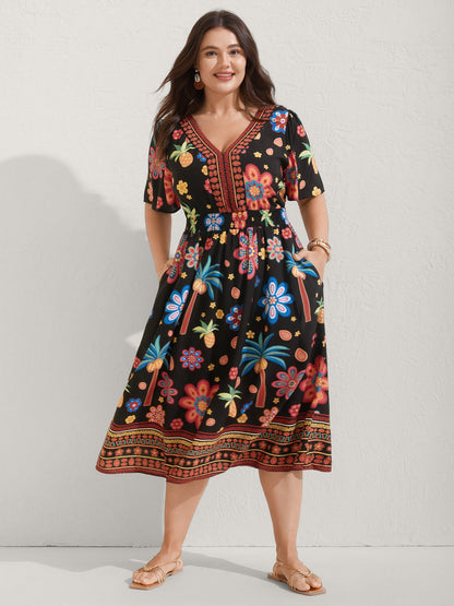 Rayon Tropical Floral Shirred Waist Midi Dress