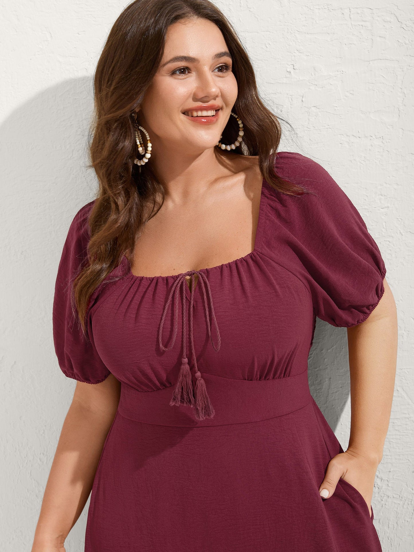 Puff Sleeve Shirred Slit Midi Dress