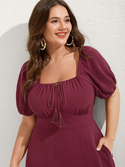 Puff Sleeve Shirred Slit Midi Dress
