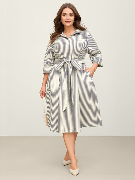 Striped Waist Belt Midi Shirt Dress