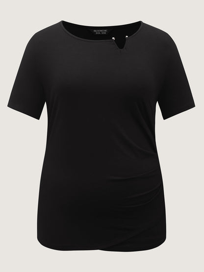 Supersoft Neckline Metal Cuff Pleated Solid Top