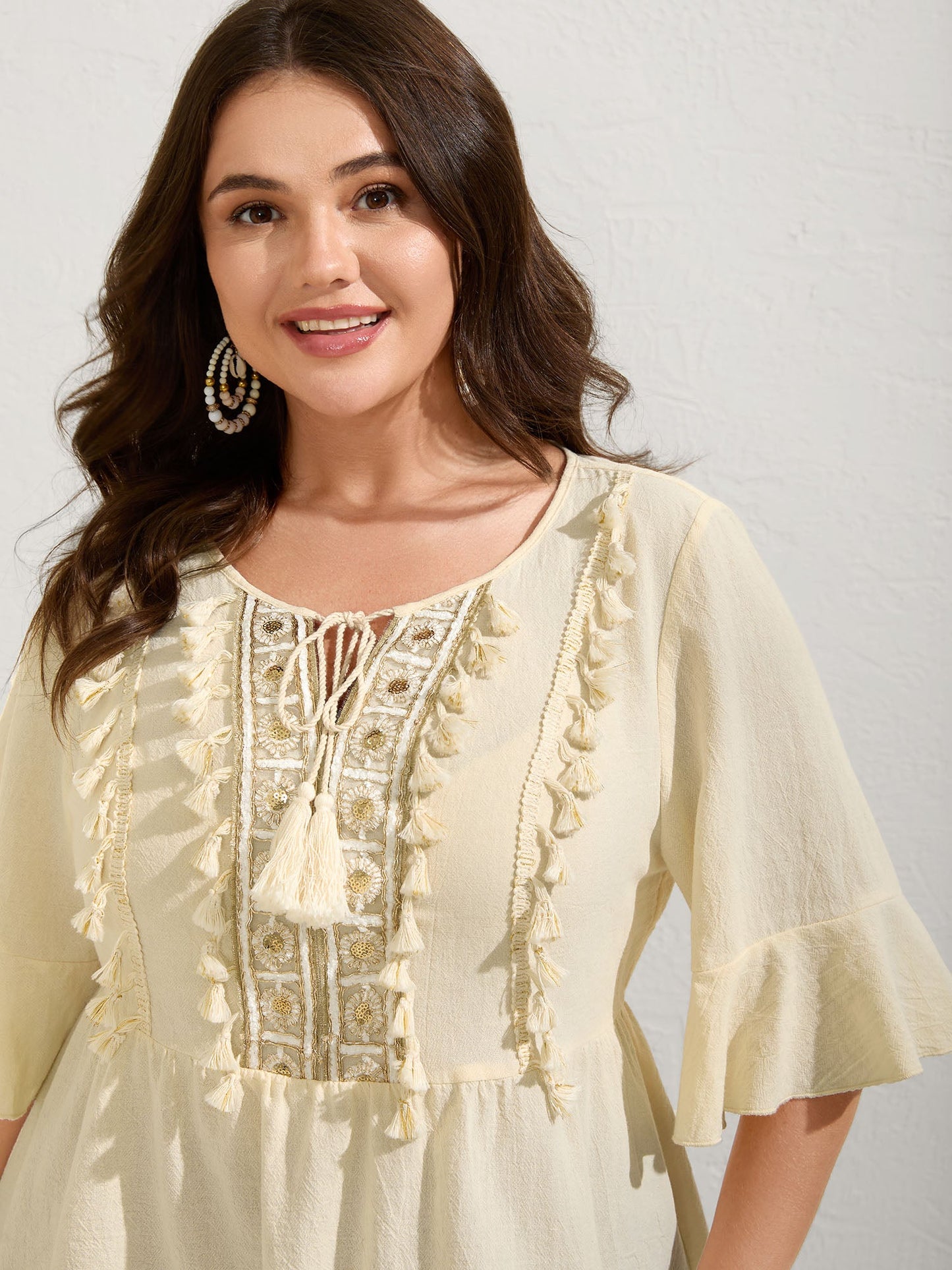 Cotton Tassel Neckline Ruffled Sleeve Solid Top