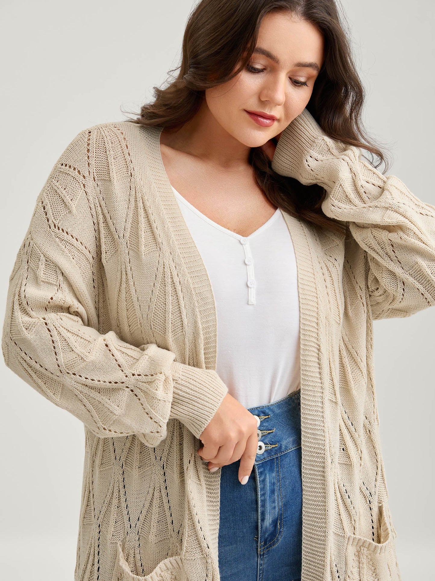 Textured Cut-Out Slit Pockets Knit Cardigan