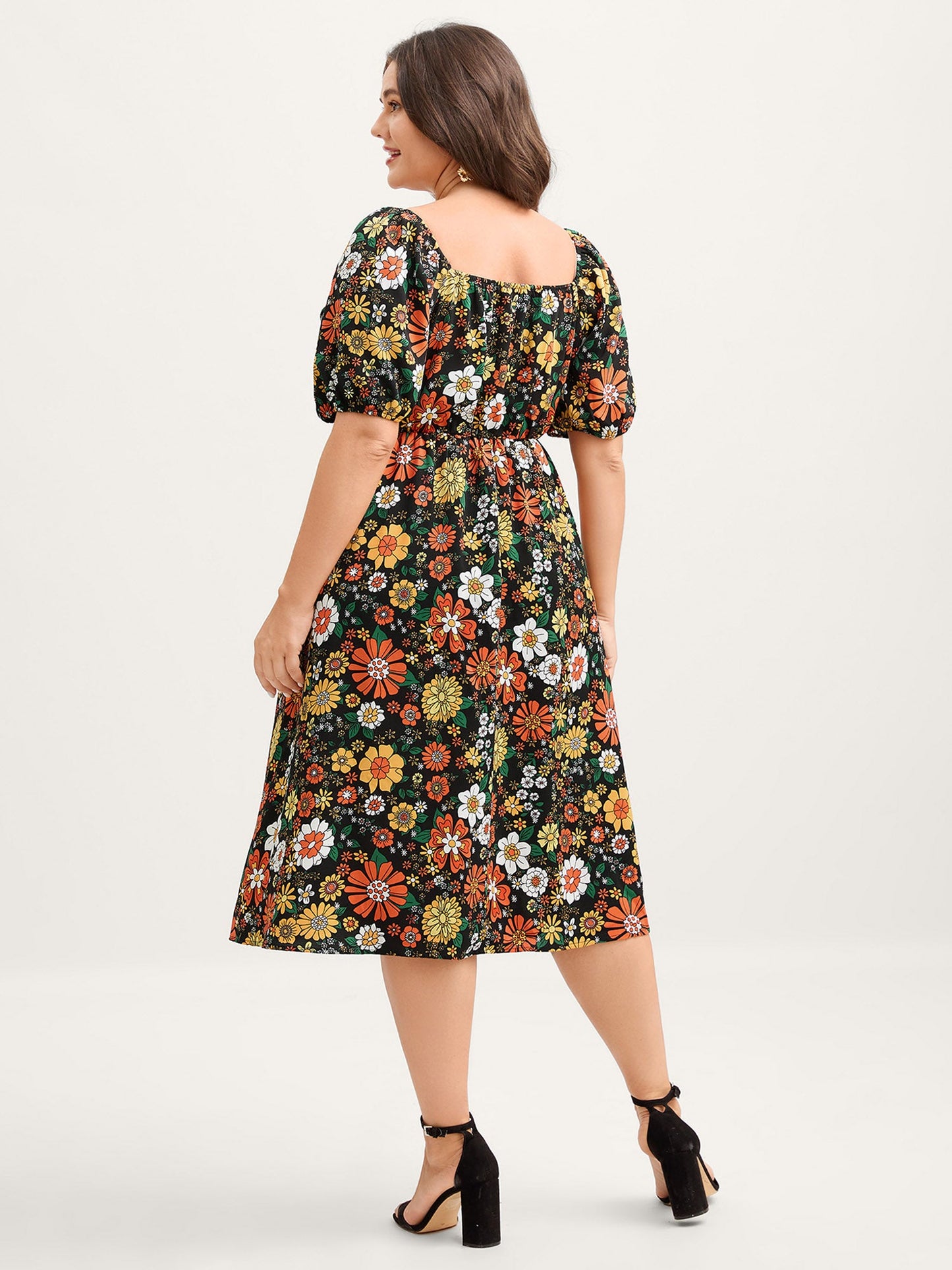 Bright Floral Print Sweetheart Neckline Midi Dress