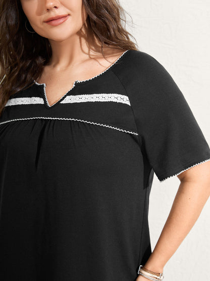 Lace Color Contrast Pleated T-Shirt