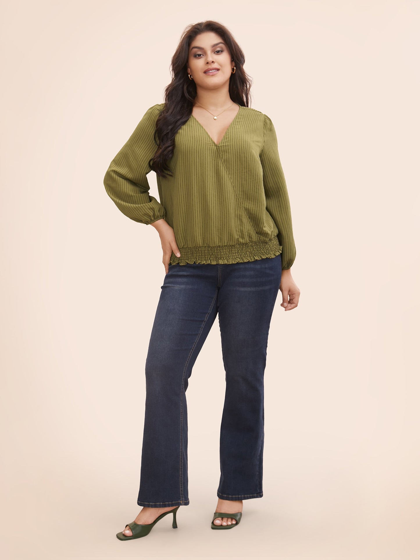 Striped Textured Overlap Collar Shirred Blouse