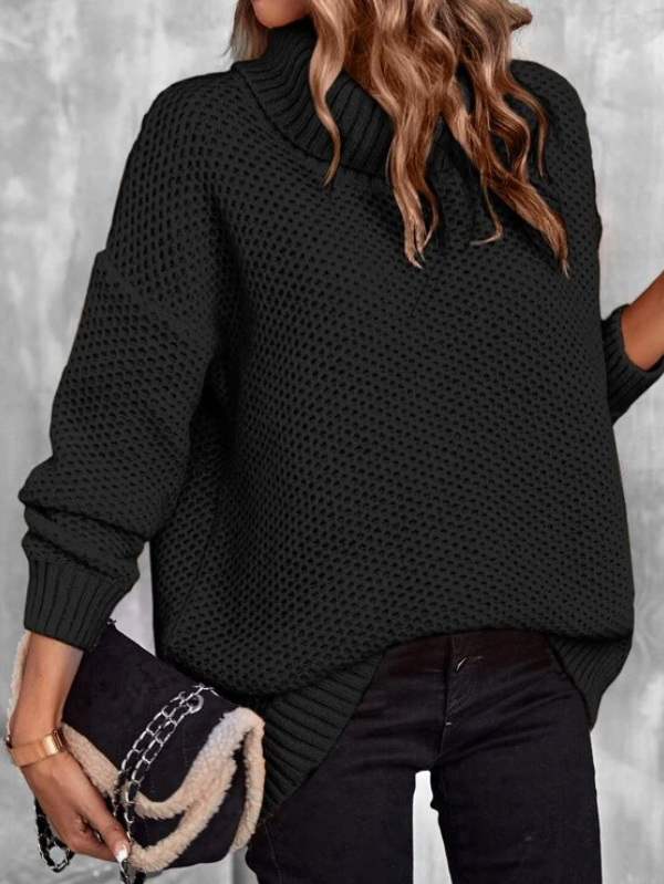 Turtleneck Drop Shoulder Pointelle Knit Sweater