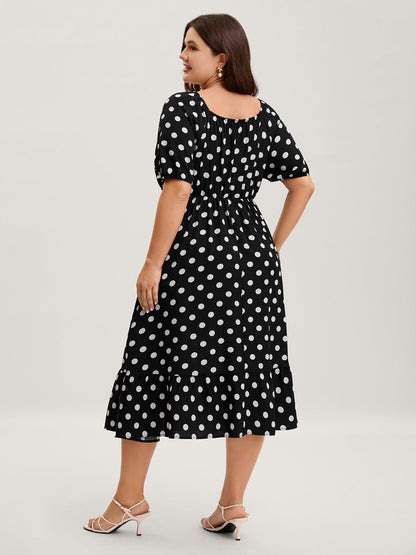 Polka Dots Pleated Bodice Midi Dress