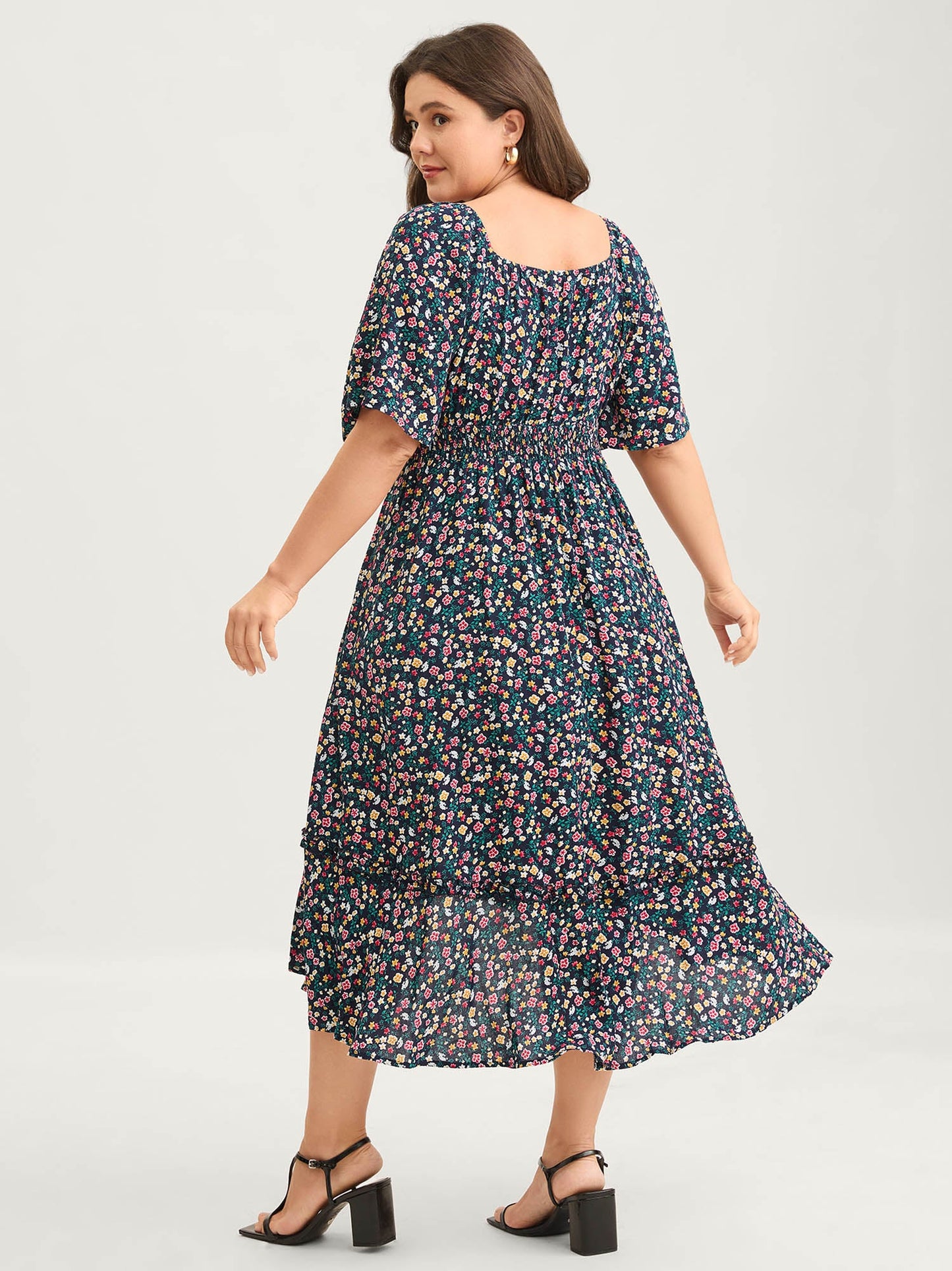 Micro Floral Shirred Asymmetrical Midi Dress