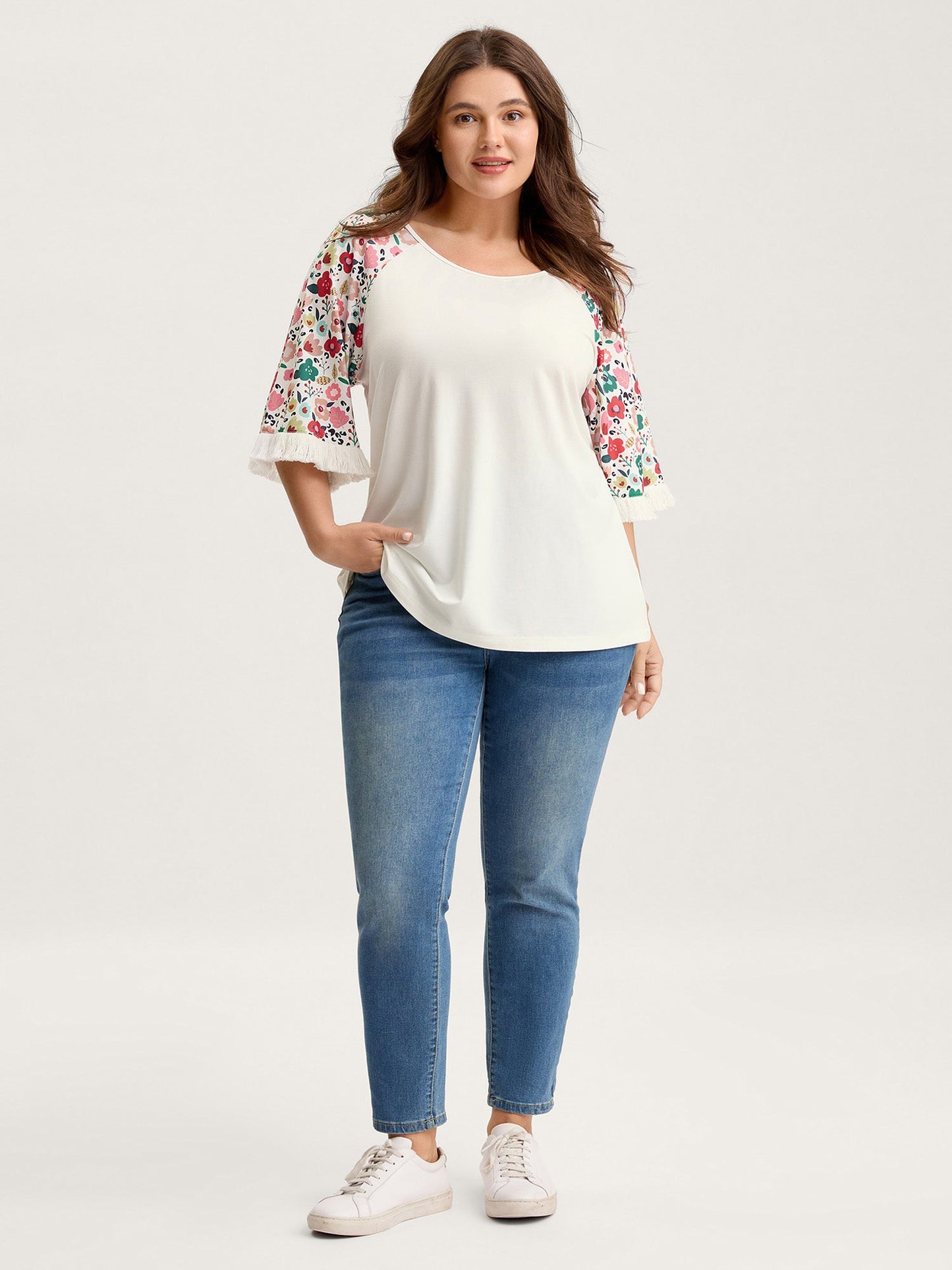 Floral Raglan Sleeve Tassels T-Shirt