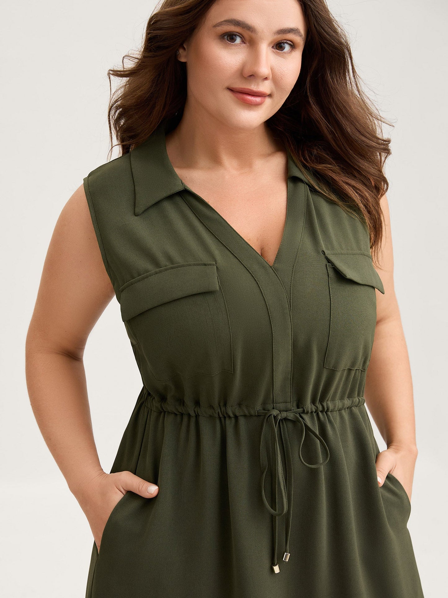 Waist Drawstring Pockets Solid Midi Dress