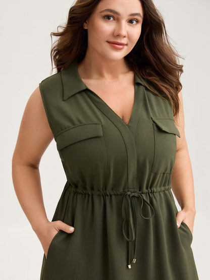Waist Drawstring Pockets Solid Midi Dress