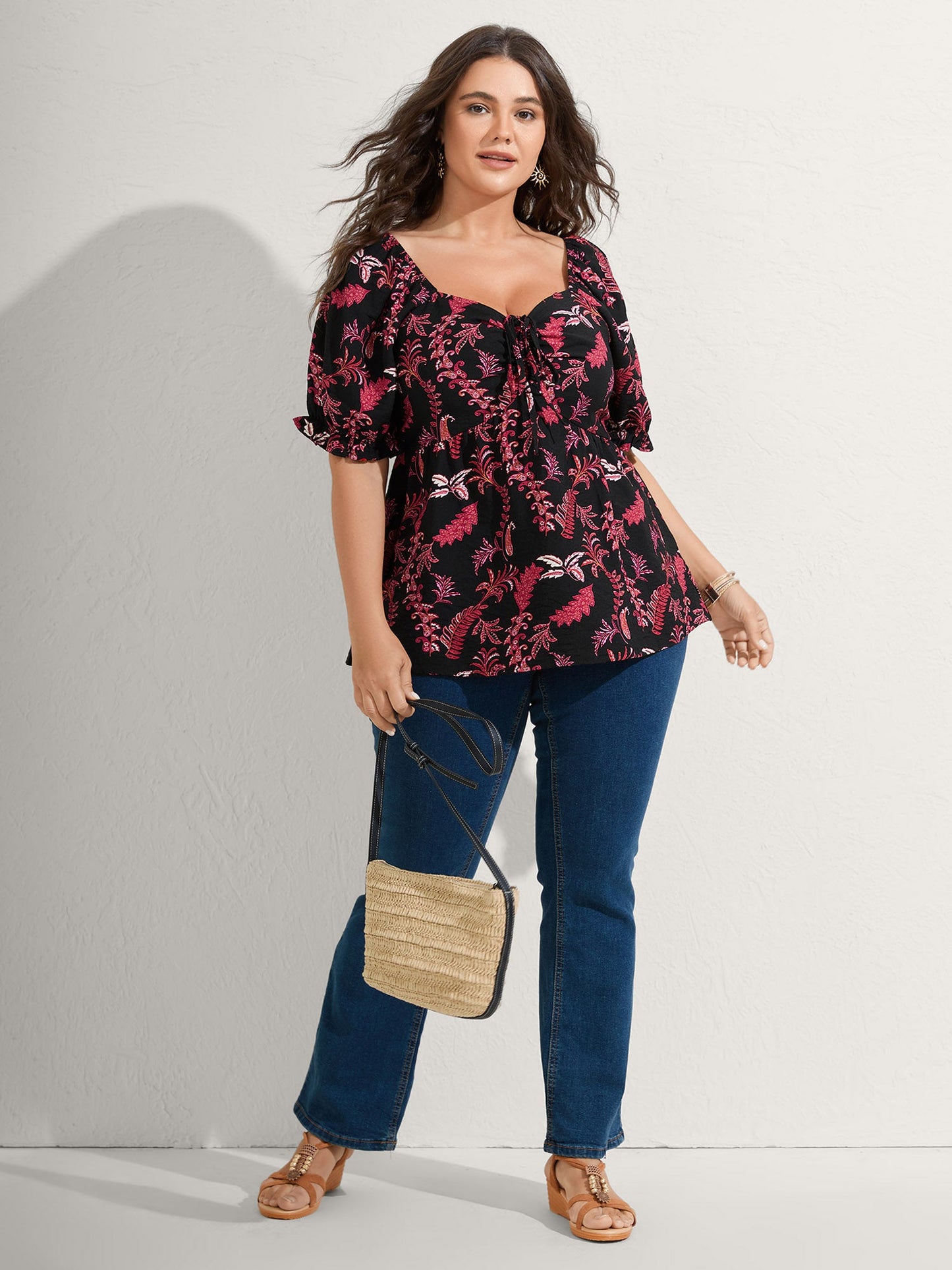 Boho Print Neck Tie Flowy Shirt