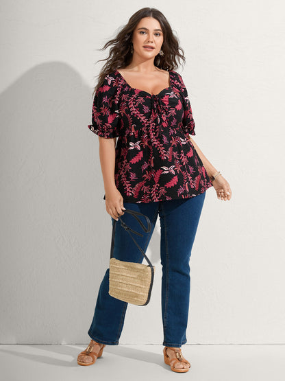 Boho Print Neck Tie Flowy Shirt