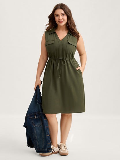 Waist Drawstring Pockets Solid Midi Dress