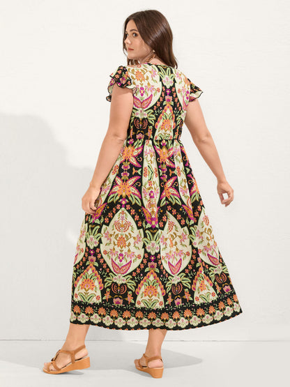 Floral Print Ruffled Sleeve V-Neck Midi Dress